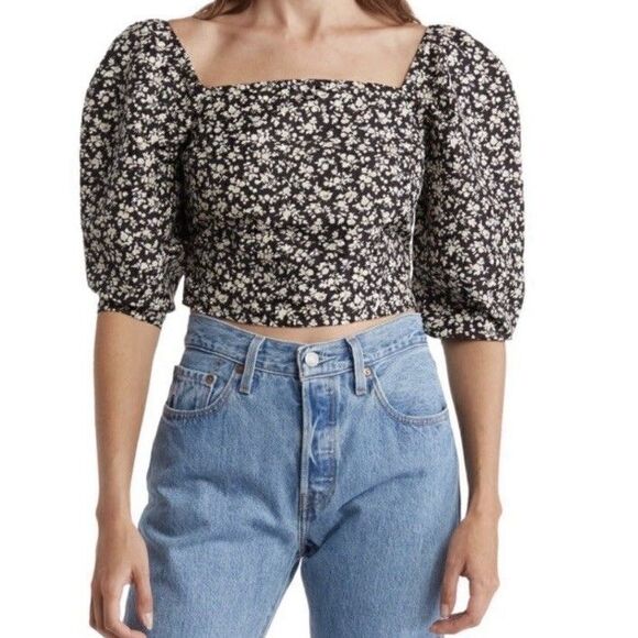 Levi’s Yvie Statement Blouse Cropped Puff Three Quarter Sleeve Floral Size Small - Picture 1 of 12
